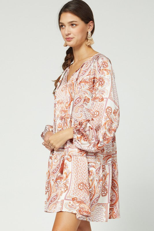 SATIN PAISLEY V-NECK DRESS