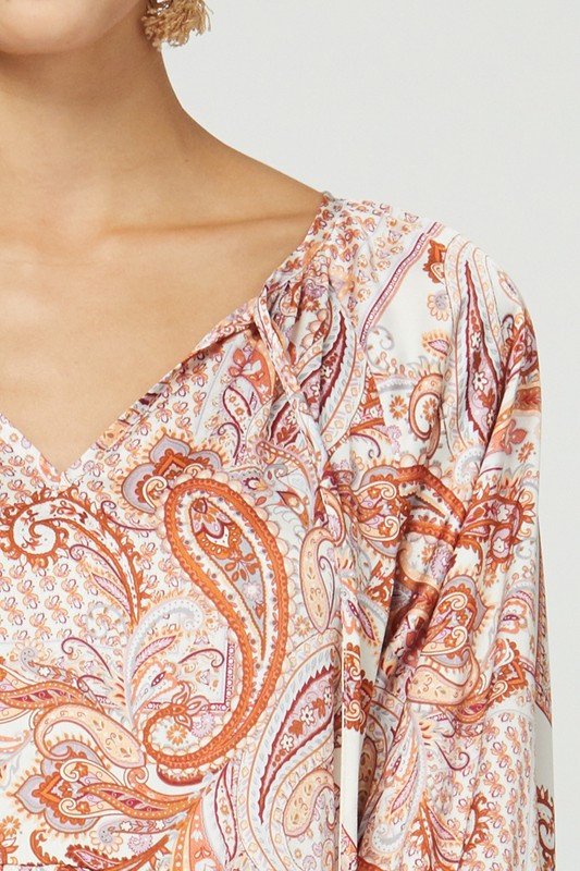 SATIN PAISLEY V-NECK DRESS