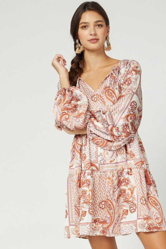 SATIN PAISLEY V-NECK DRESS