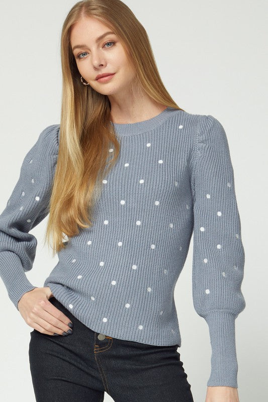 POLKA-DOT PRINT KNIT ROUND NECK SWEATER