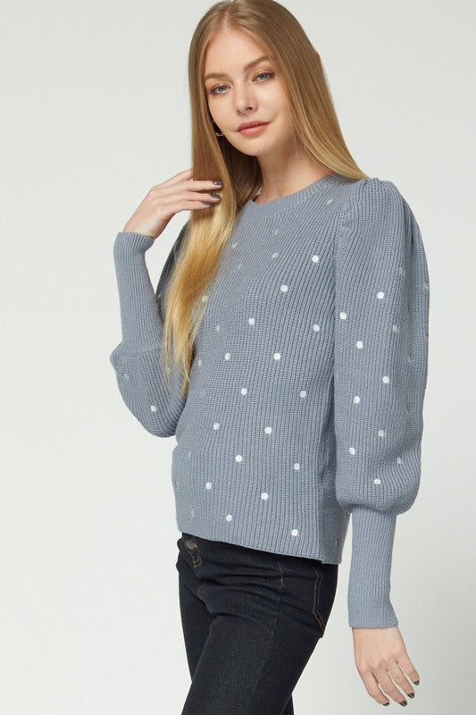 POLKA-DOT PRINT KNIT ROUND NECK SWEATER