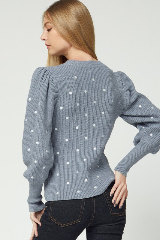 POLKA-DOT PRINT KNIT ROUND NECK SWEATER