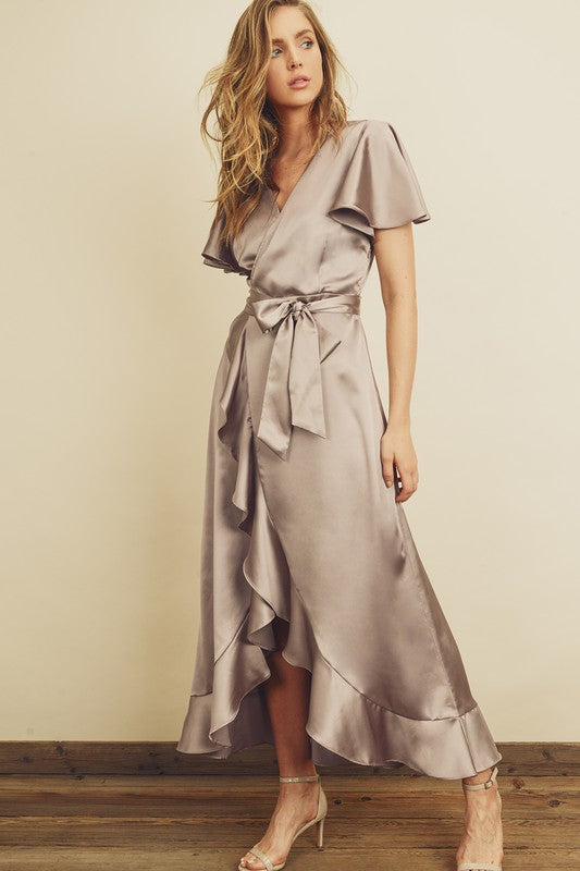 SATIN RUFFLED WRAP DRESS