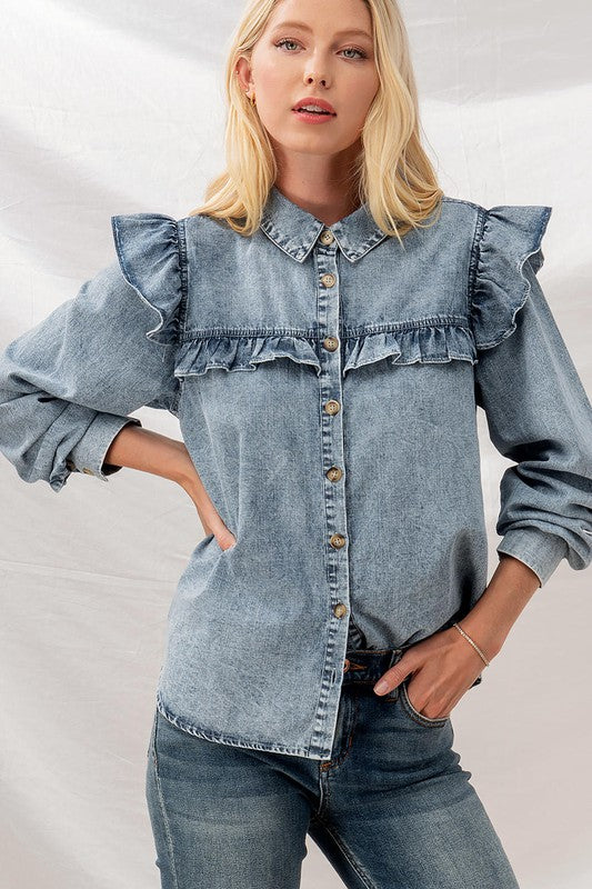 DENIM WASHED RUFFLE FLARED SHOULDER SHIRT