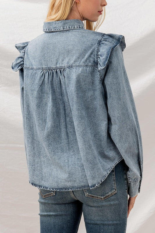 DENIM WASHED RUFFLE FLARED SHOULDER SHIRT