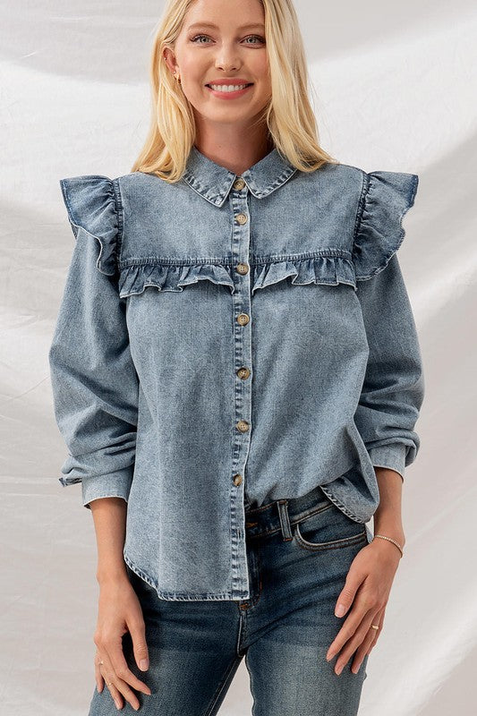 DENIM WASHED RUFFLE FLARED SHOULDER SHIRT