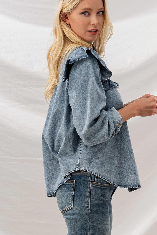 DENIM WASHED RUFFLE FLARED SHOULDER SHIRT