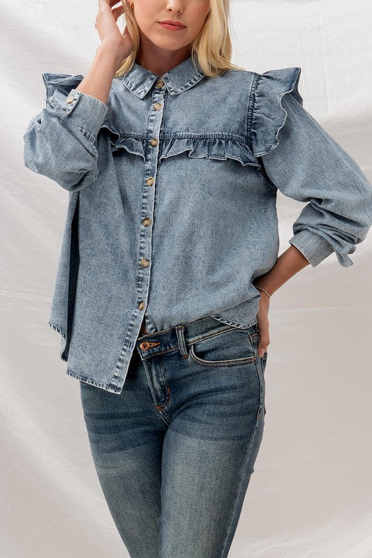 DENIM WASHED RUFFLE FLARED SHOULDER SHIRT