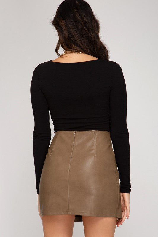 FAUX LEATHER WRAP SKIRT - MOCHA