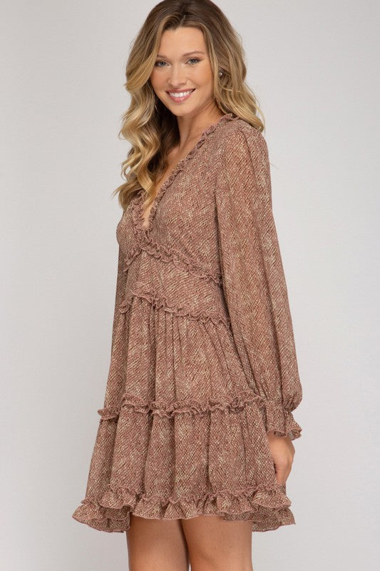 WOVEN TIERED RUFFLE DRESS - ROSE