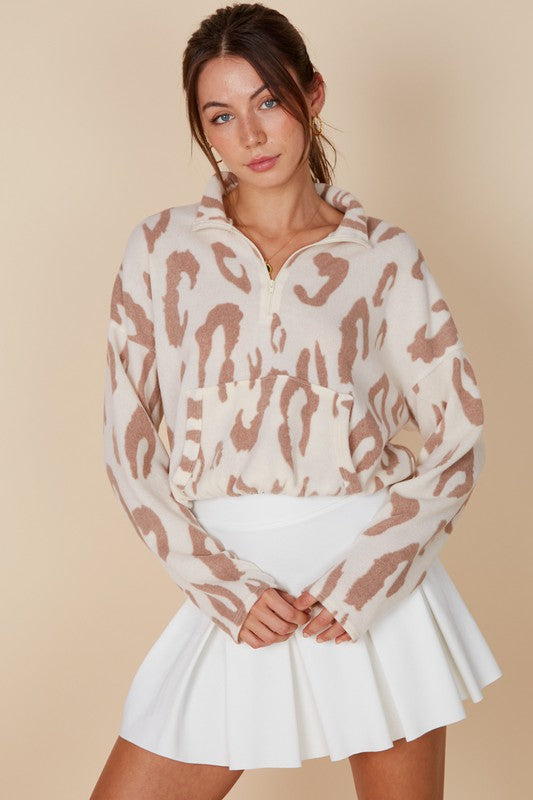 HALF ZIP ANIMAL PRINT SWEATER - TAN