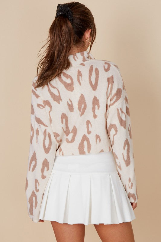 HALF ZIP ANIMAL PRINT SWEATER - TAN