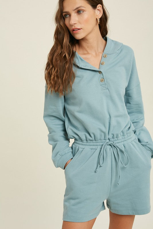 FRENCH TERRY HOODIE ROMPER - MINT BLUE