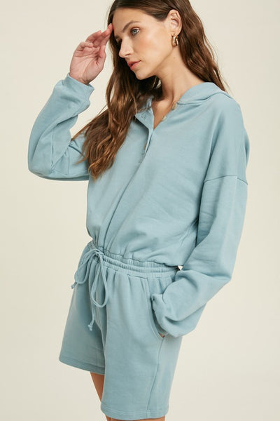 FRENCH TERRY HOODIE ROMPER - MINT BLUE