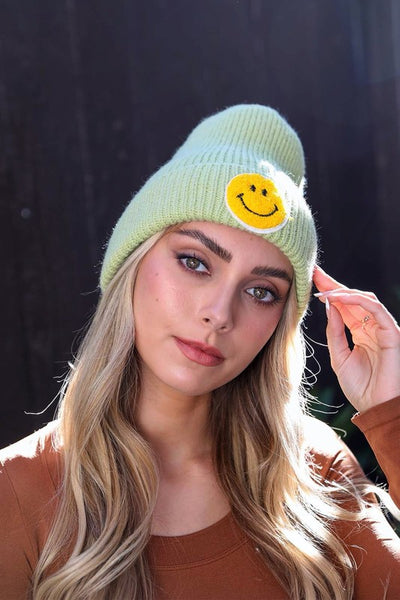 SMILEY FACE RIBBED BEANIE (VARIOUS COLOURS)