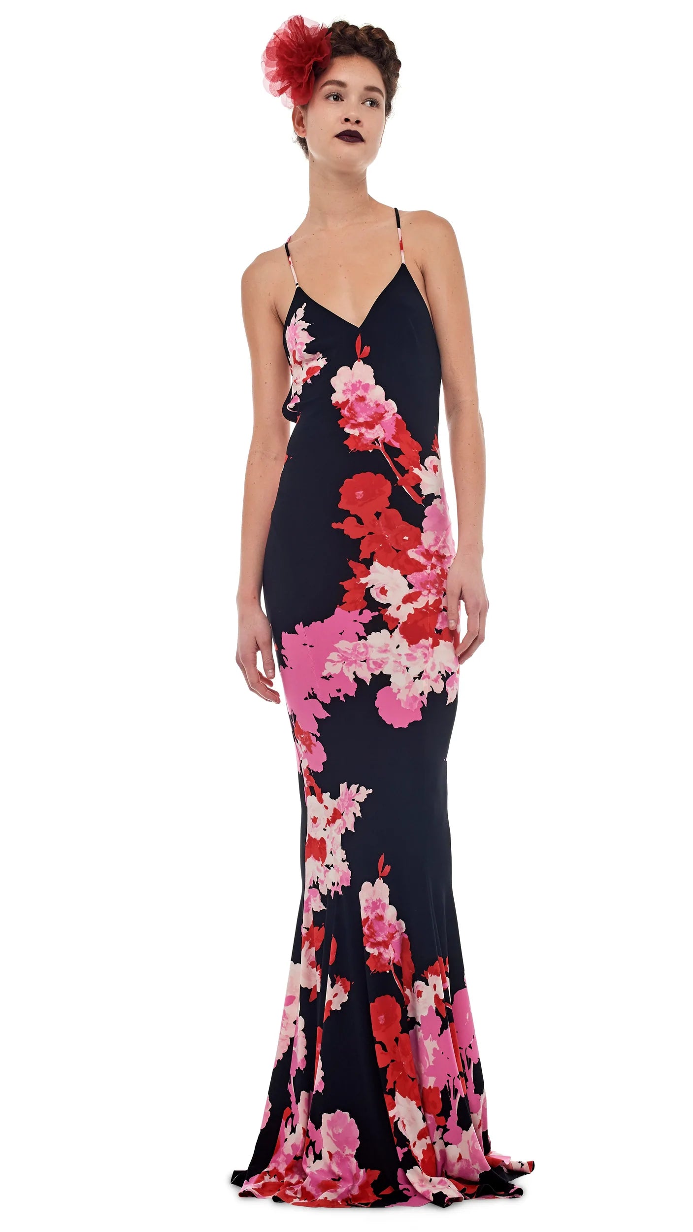 LOW BACK SLIP FISHTAIL GOWN - FLORAL BOUQUET