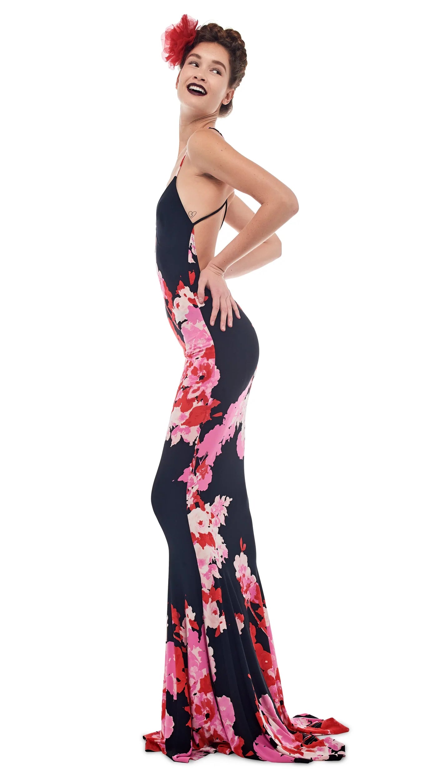 LOW BACK SLIP FISHTAIL GOWN - FLORAL BOUQUET