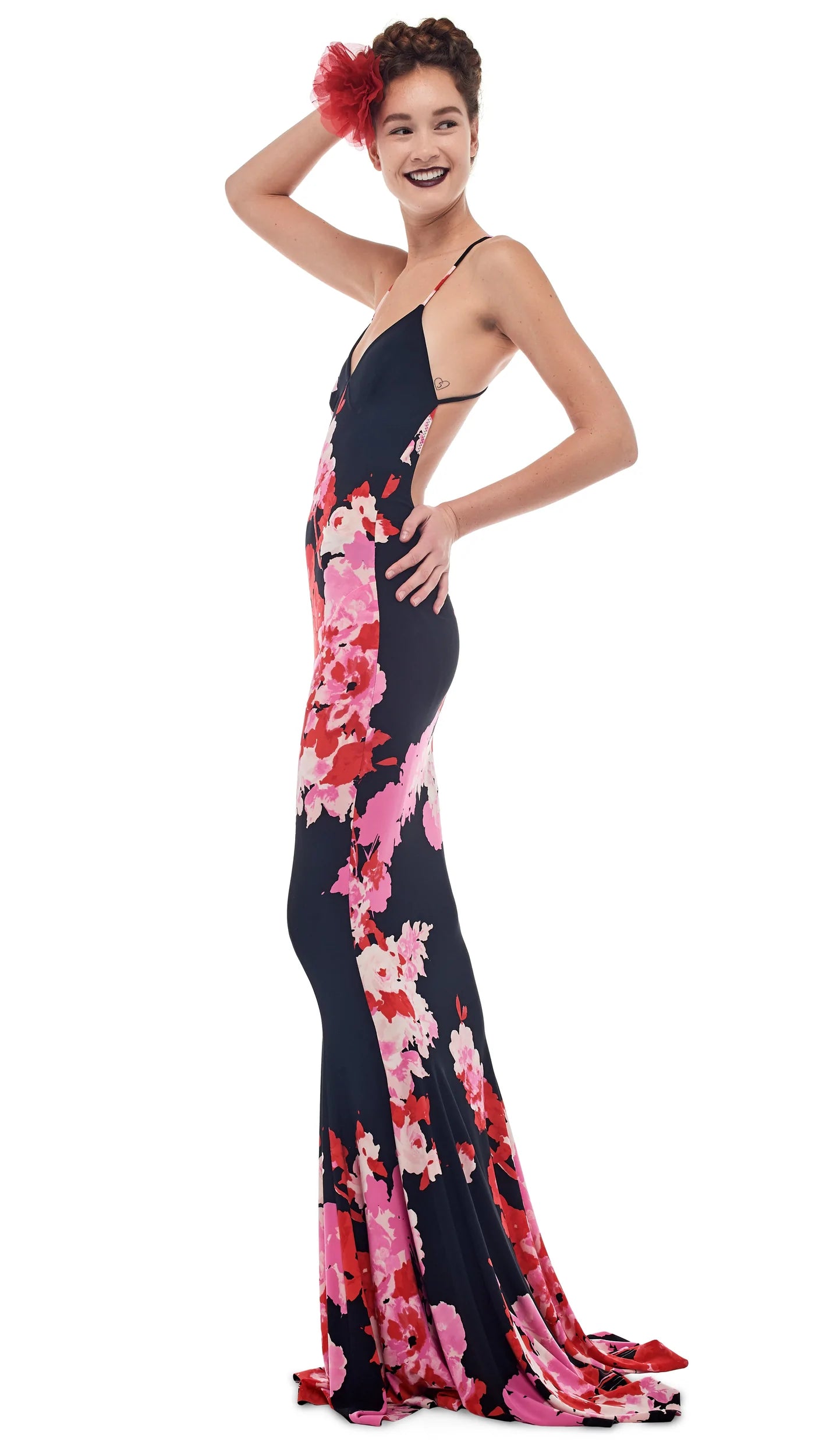 LOW BACK SLIP FISHTAIL GOWN - FLORAL BOUQUET