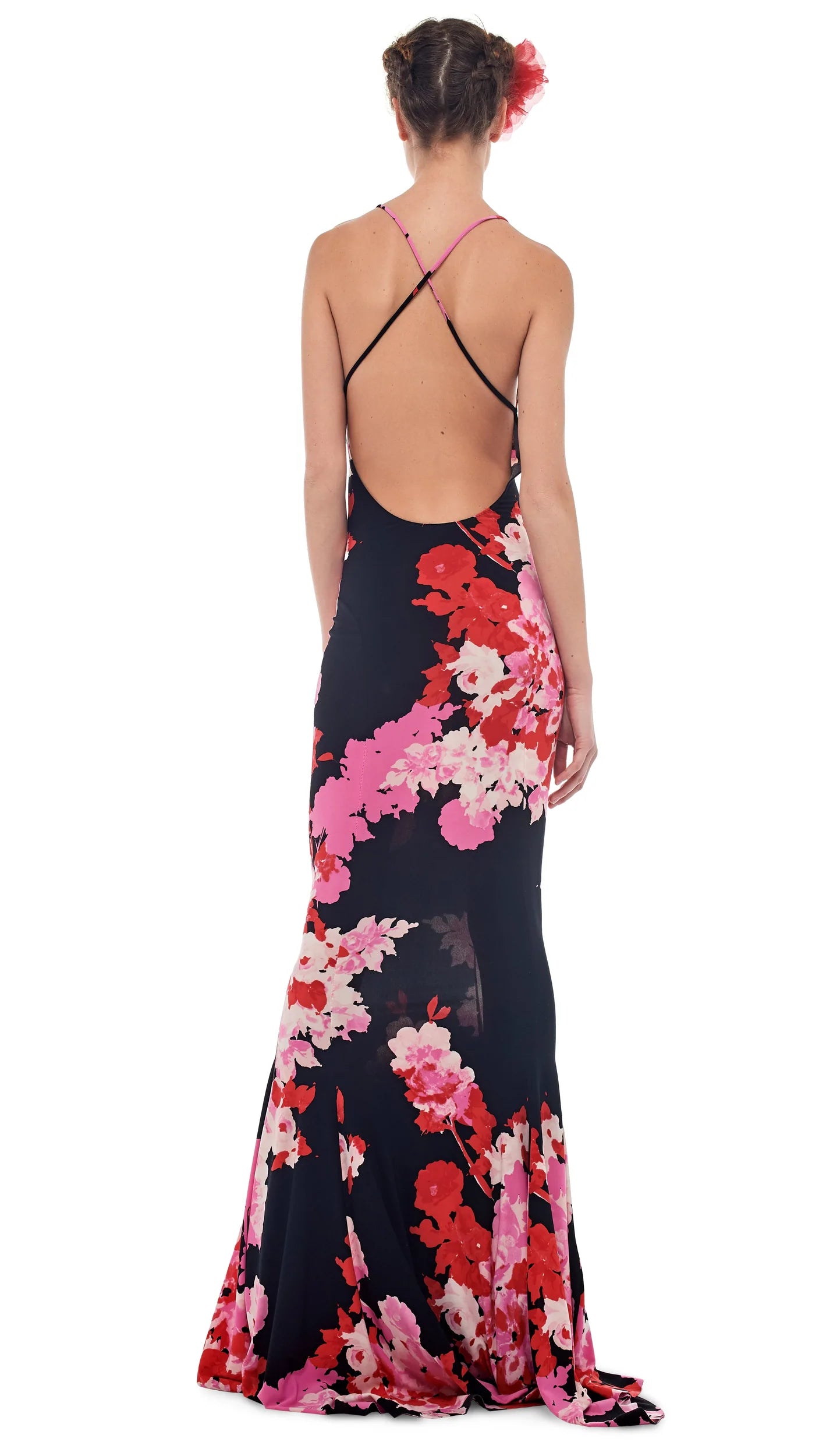 LOW BACK SLIP FISHTAIL GOWN - FLORAL BOUQUET