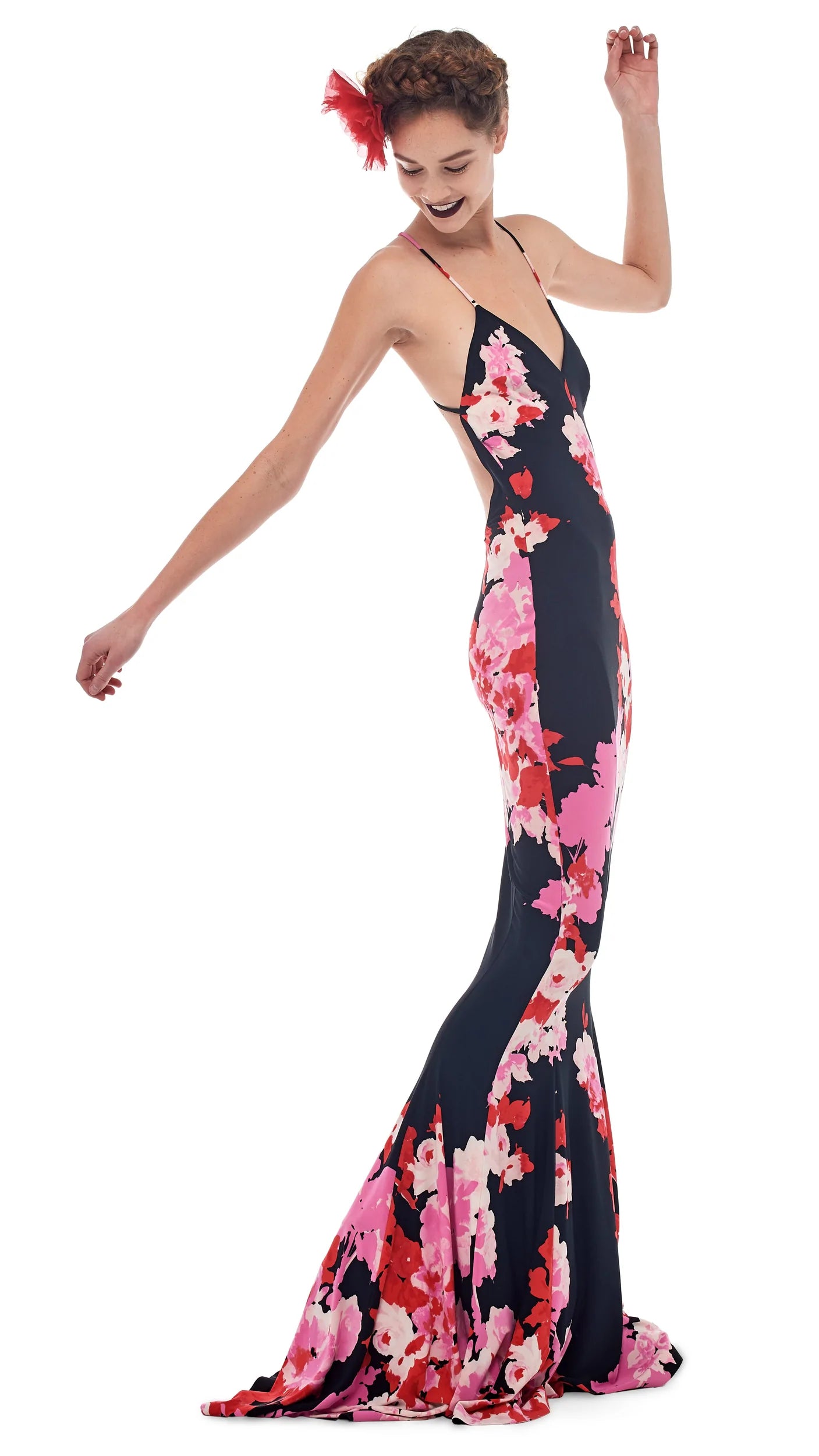 LOW BACK SLIP FISHTAIL GOWN - FLORAL BOUQUET