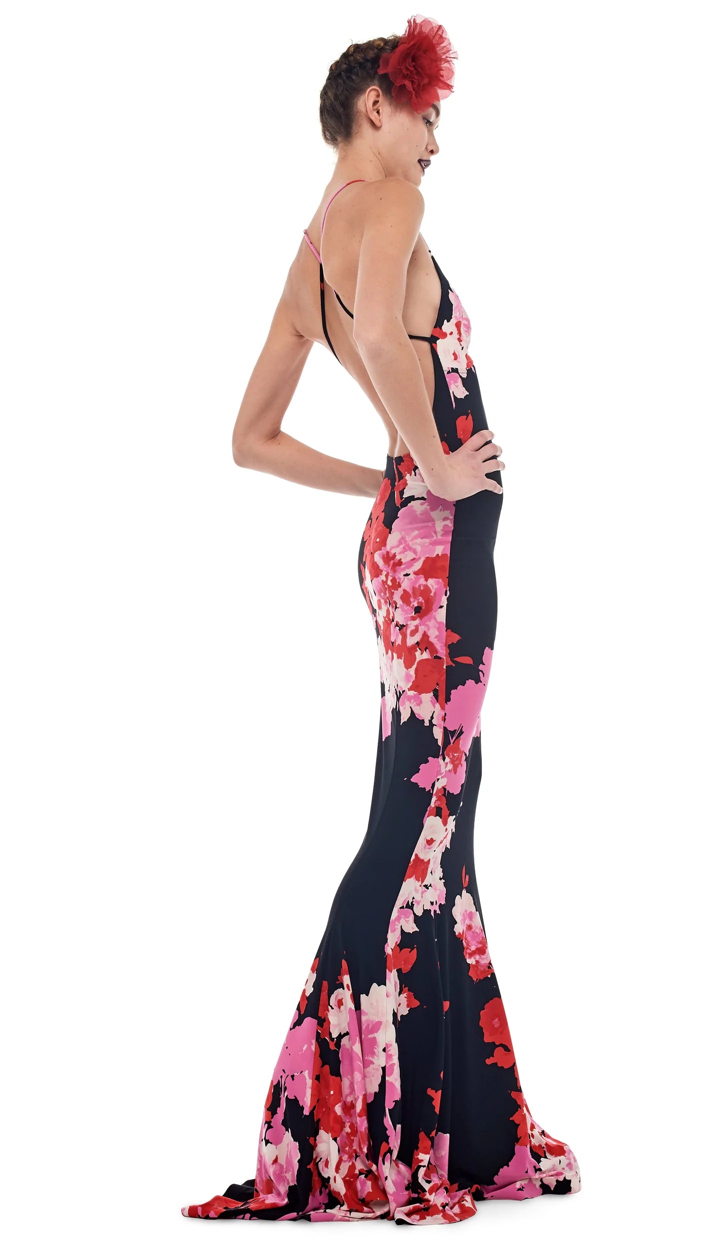 LOW BACK SLIP FISHTAIL GOWN - FLORAL BOUQUET