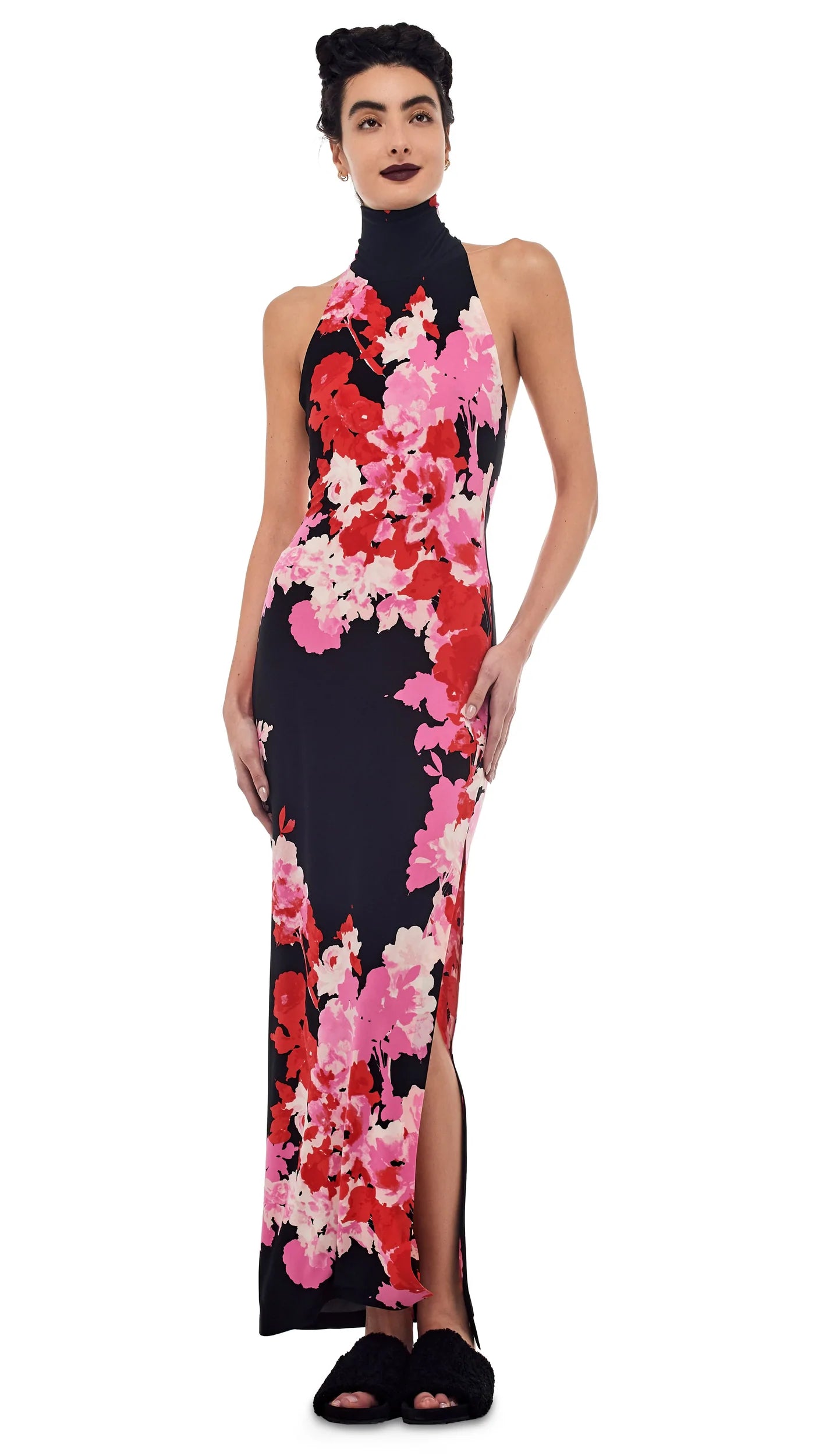 HALTER TURTLE SIDE SLIT GOWN - FLORAL BOUQUET