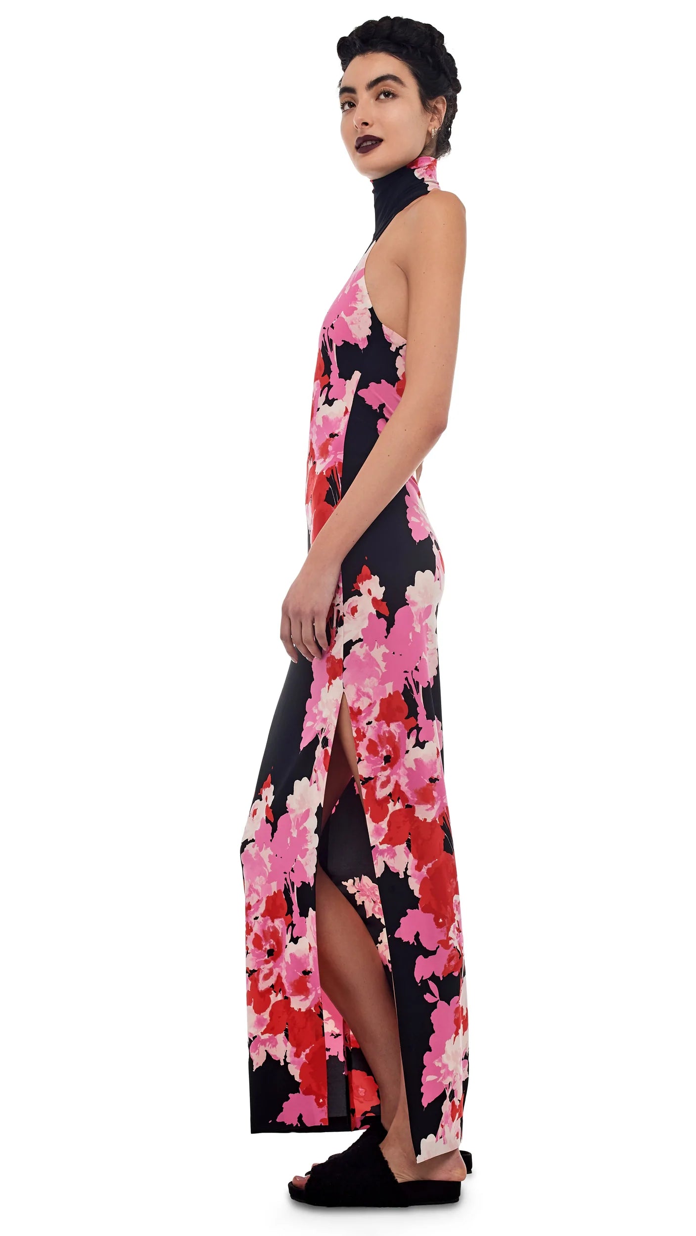 HALTER TURTLE SIDE SLIT GOWN - FLORAL BOUQUET