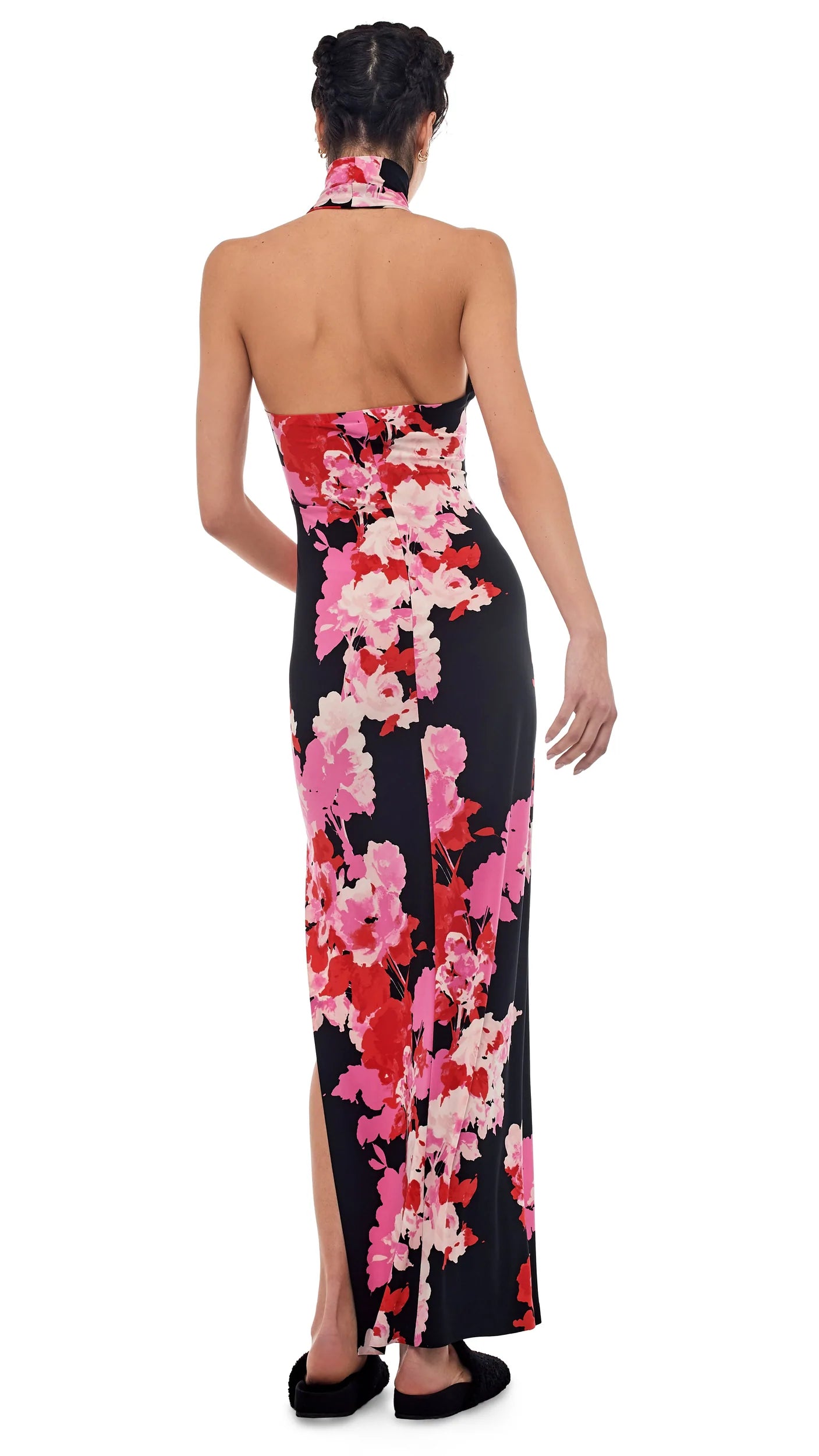 HALTER TURTLE SIDE SLIT GOWN - FLORAL BOUQUET