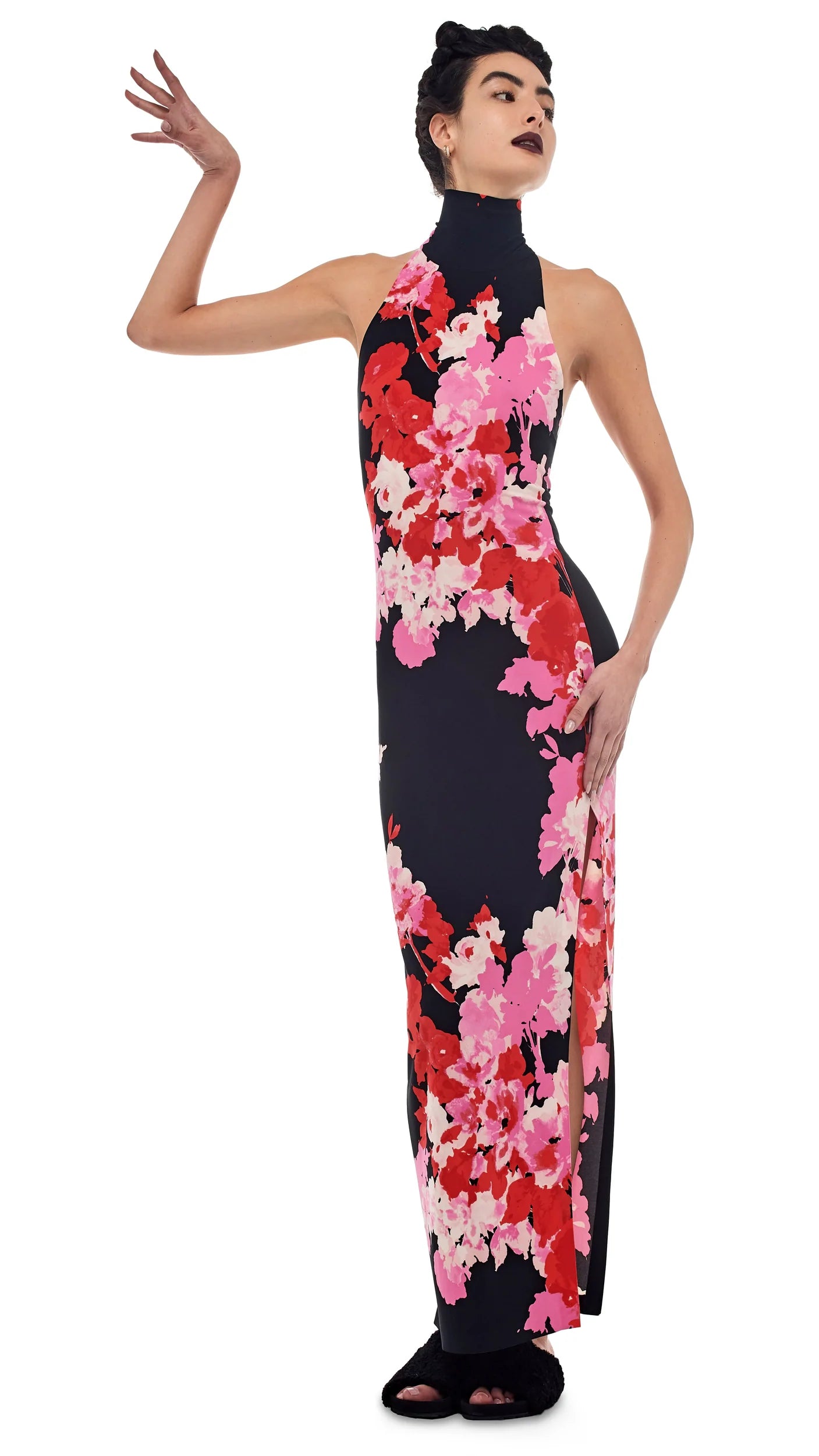 HALTER TURTLE SIDE SLIT GOWN - FLORAL BOUQUET