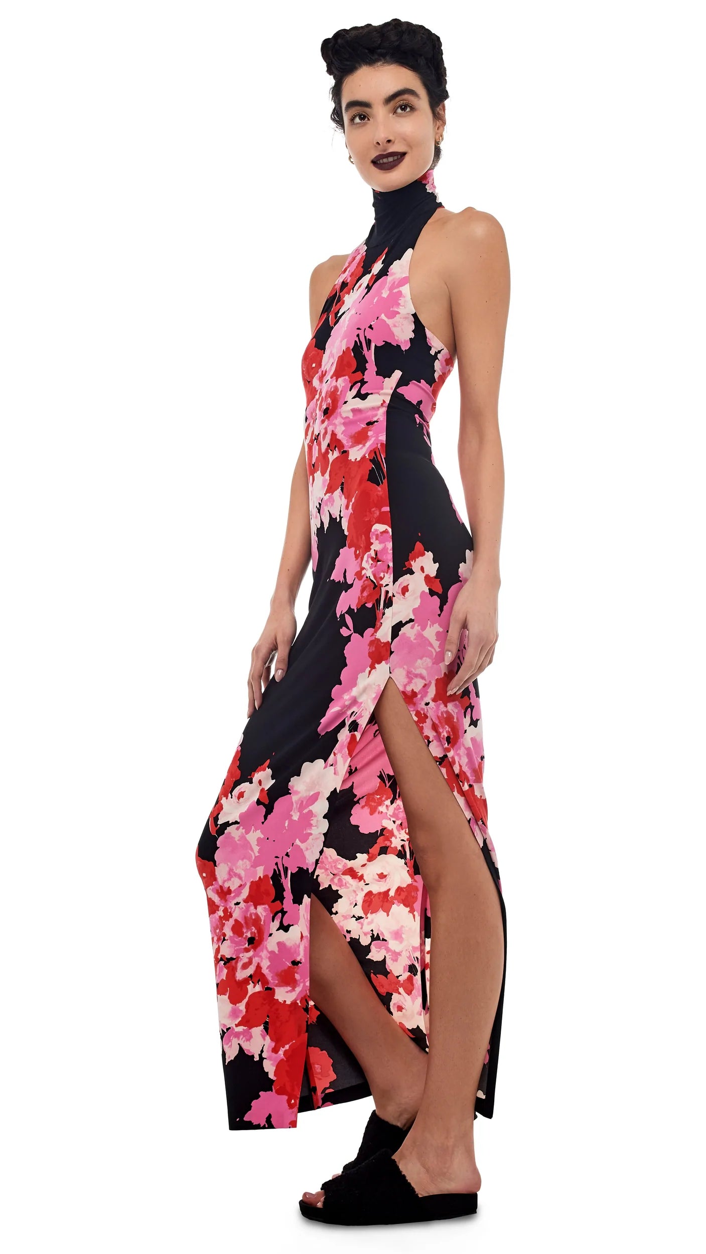 HALTER TURTLE SIDE SLIT GOWN - FLORAL BOUQUET