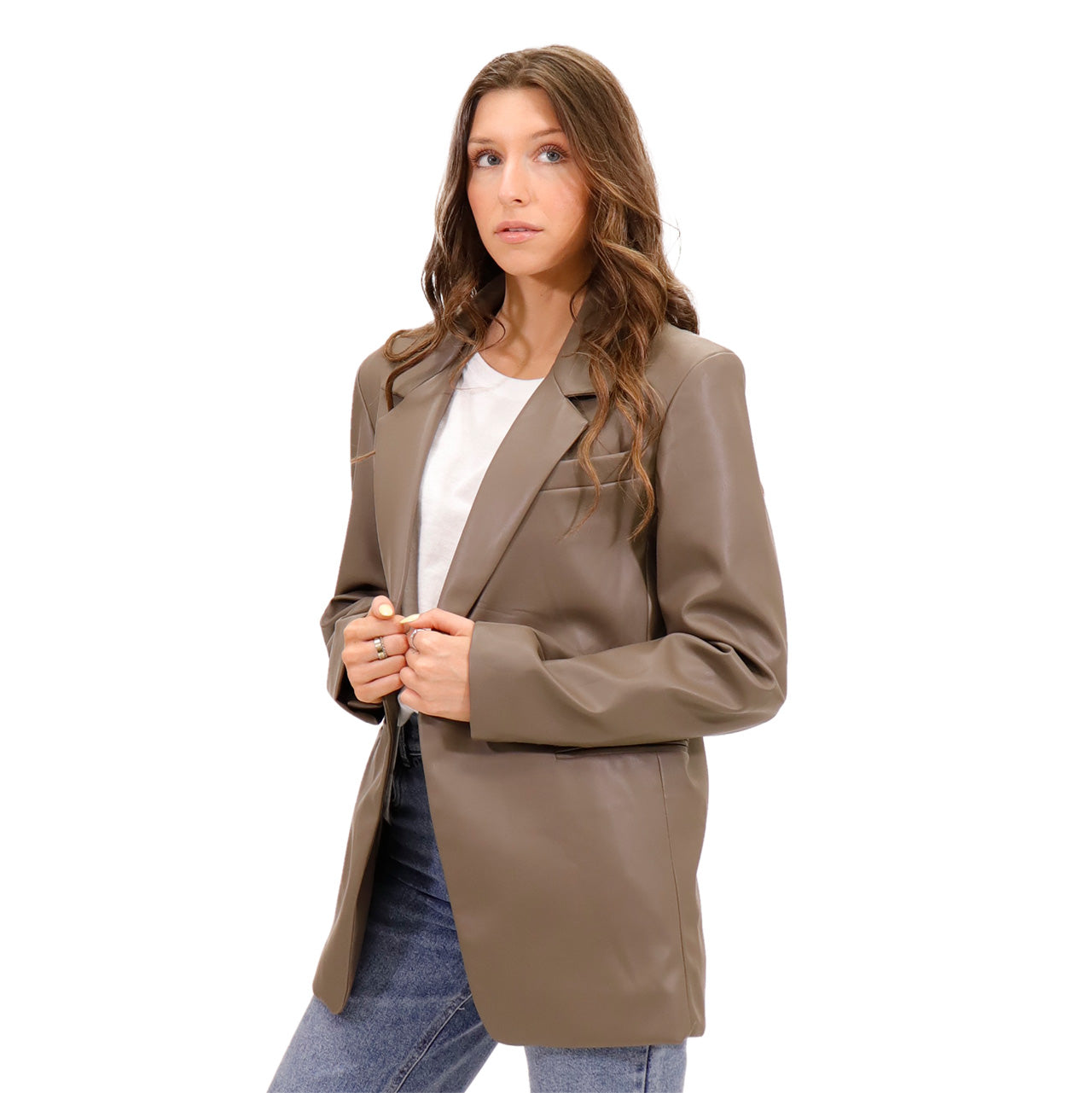 ALEXIS VEGAN LEATHER BLAZER - TAUPE (ONLINE ONLY)