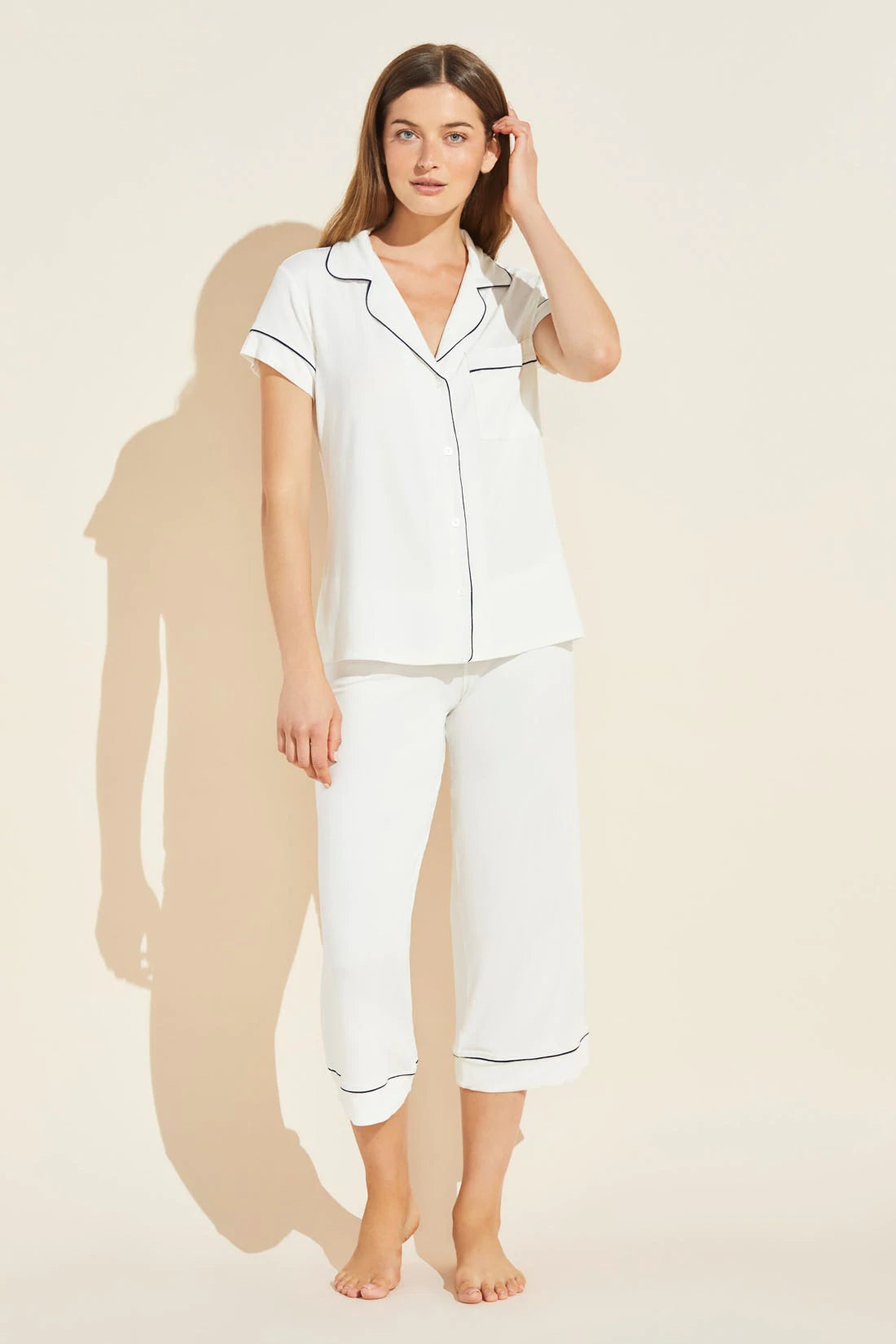 GISELE SHORT SLEEVE CROPPED PJ SET - IVORY/NAVY