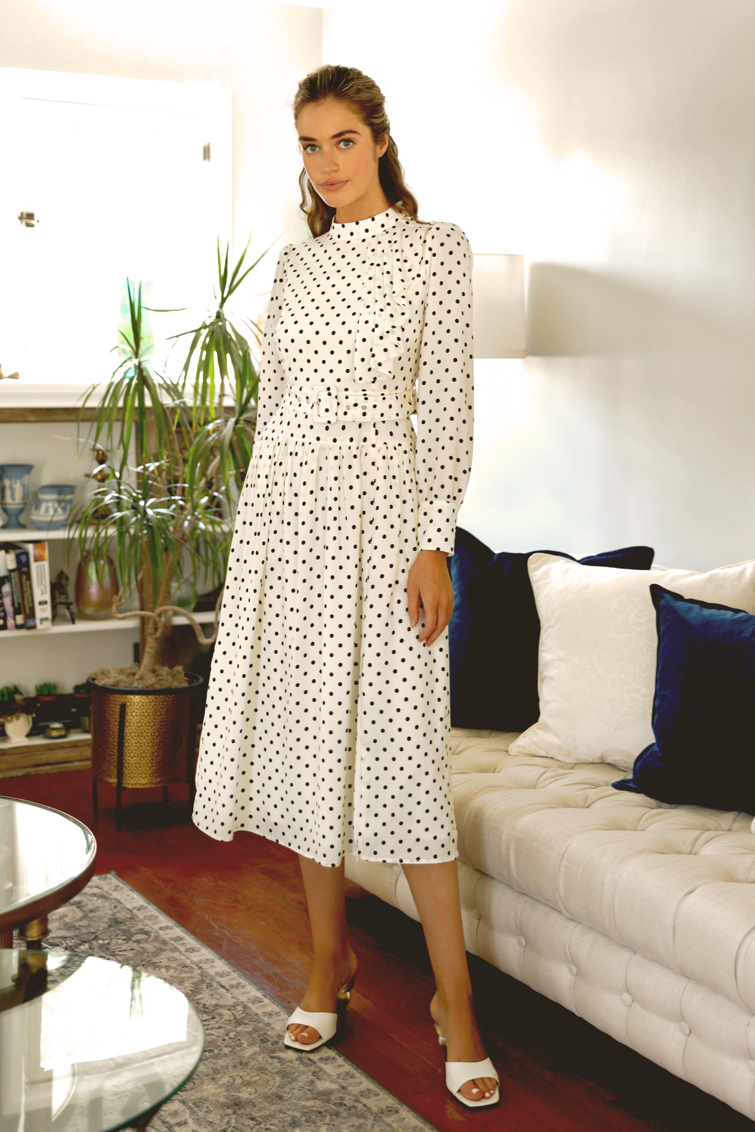 EDITH BELTED POLKA DOT MIDI DRESS