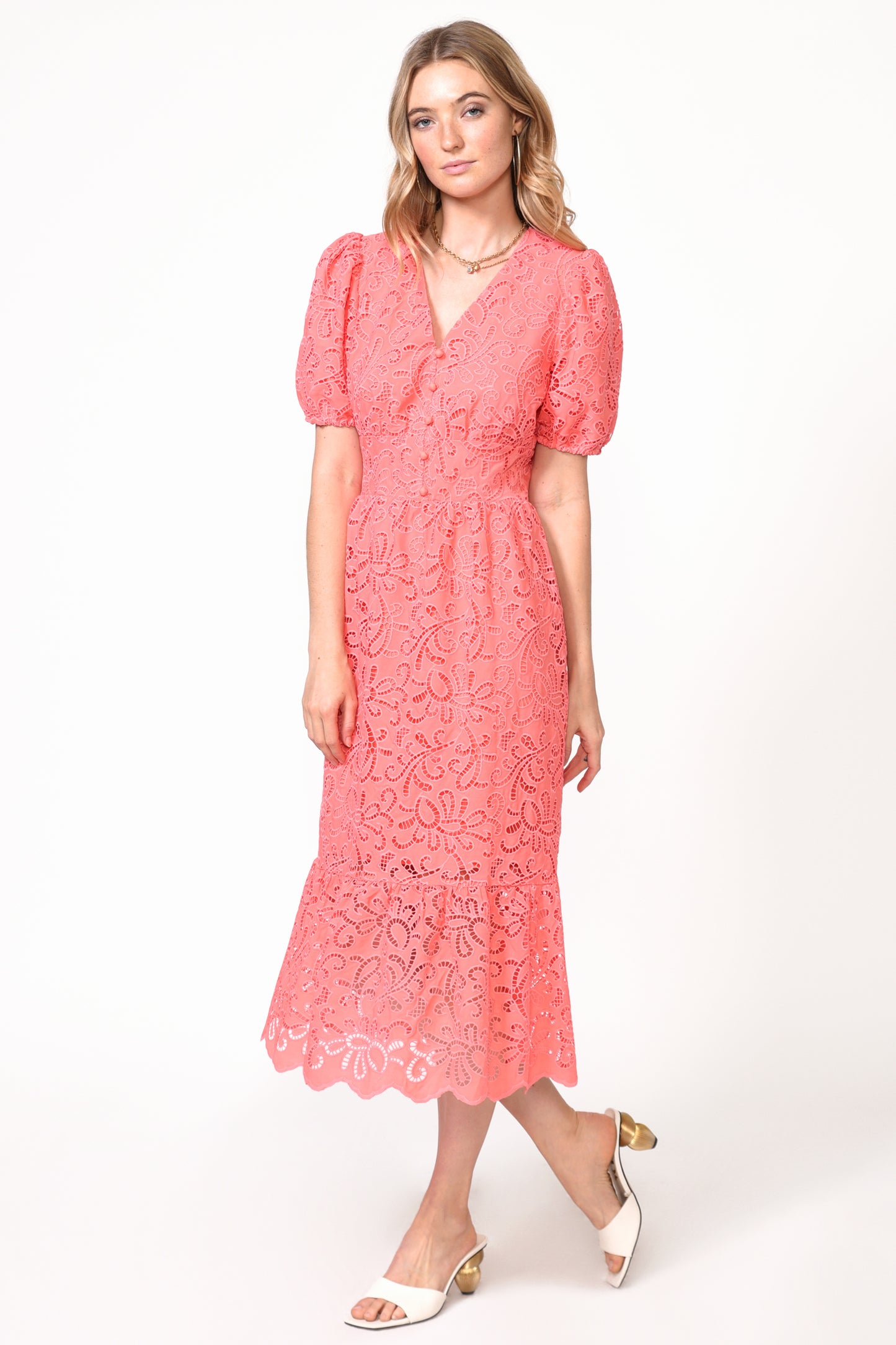 FARRAH EMBROIDERED EYELET MIDI DRESS