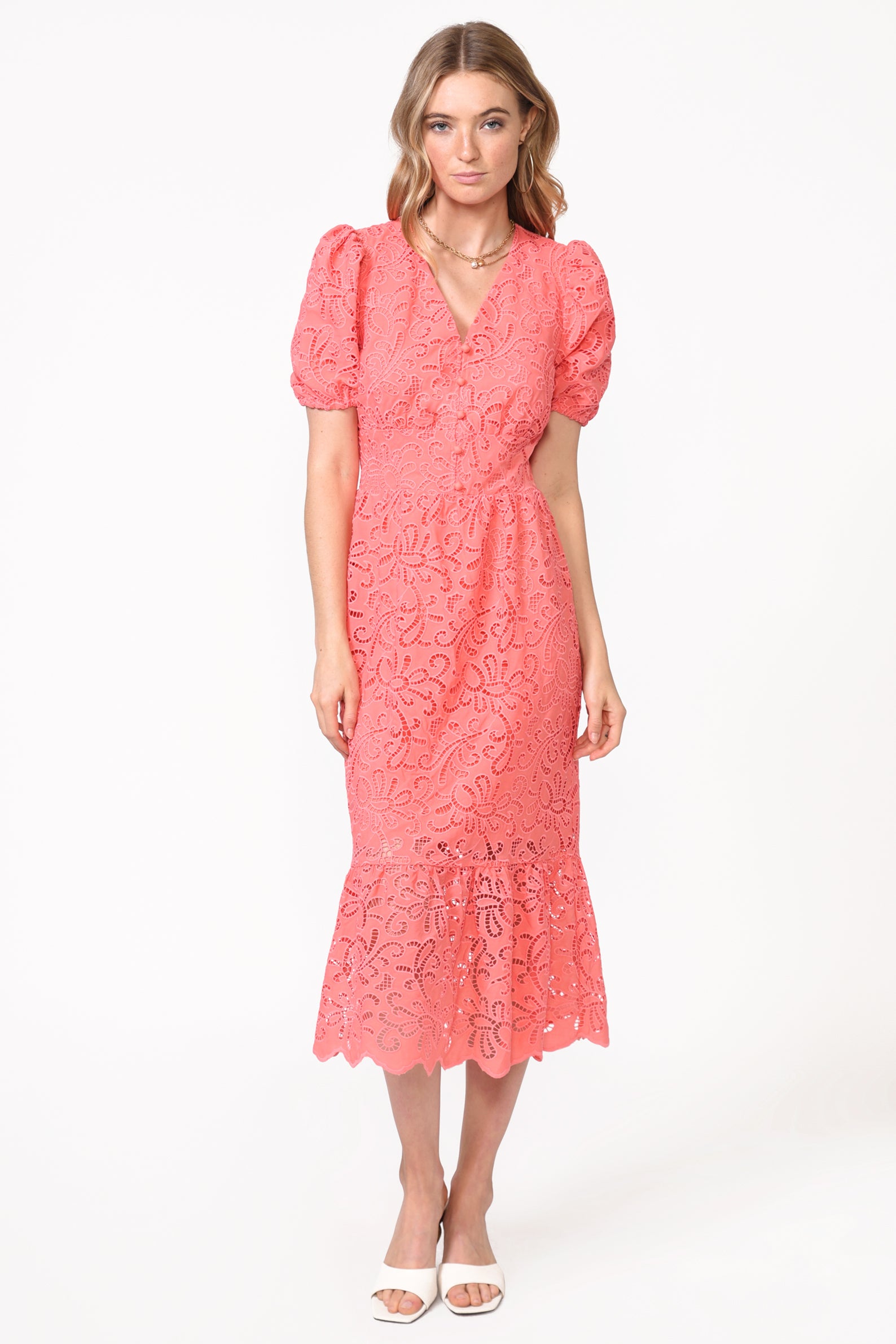 FARRAH EMBROIDERED EYELET MIDI DRESS