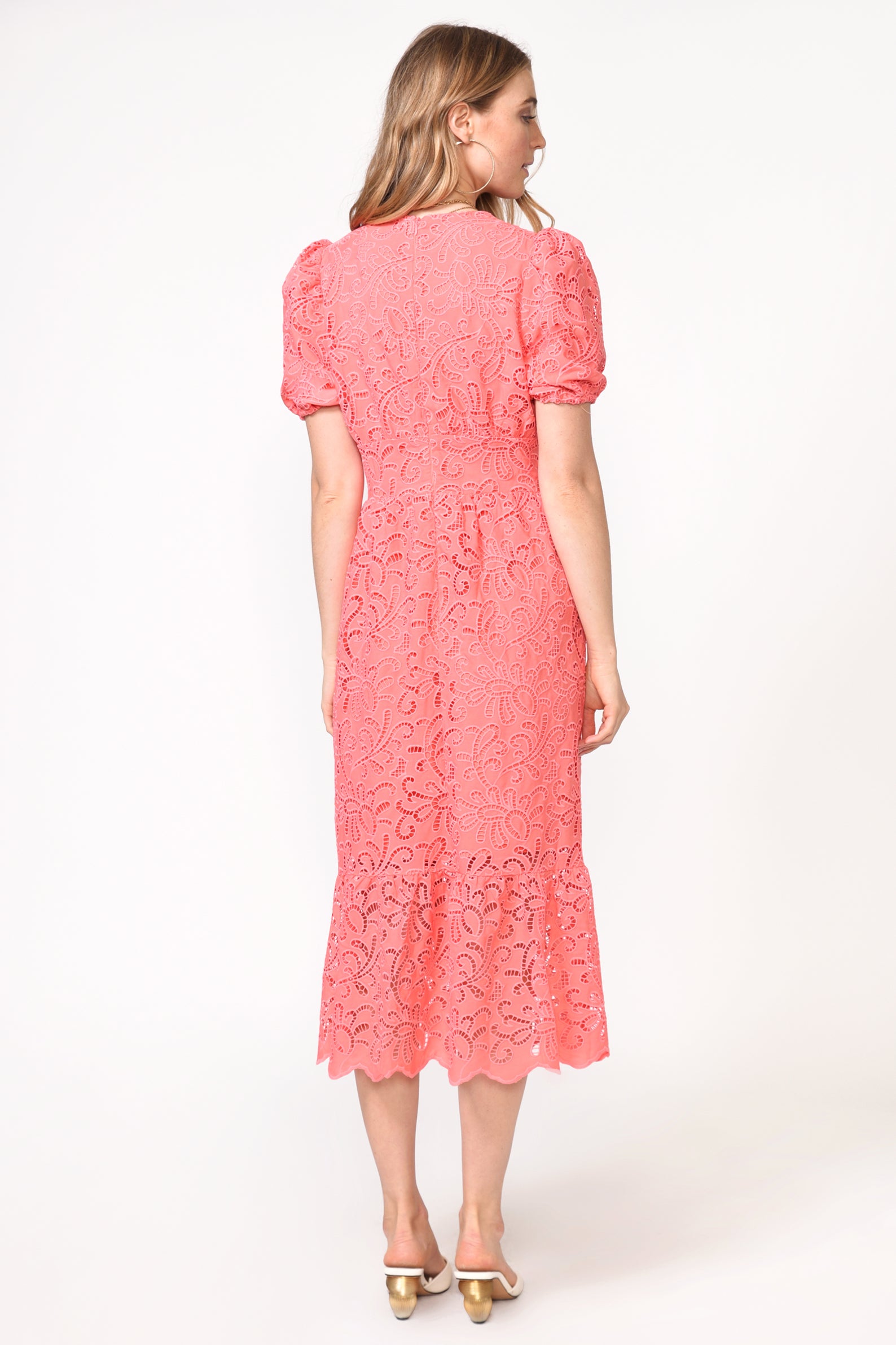 FARRAH EMBROIDERED EYELET MIDI DRESS