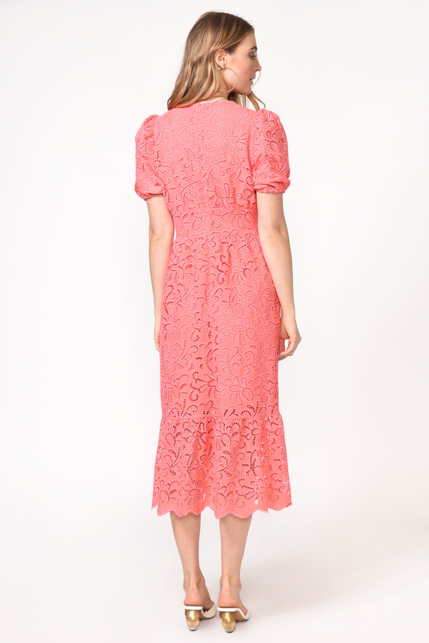 FARRAH EMBROIDERED EYELET MIDI DRESS