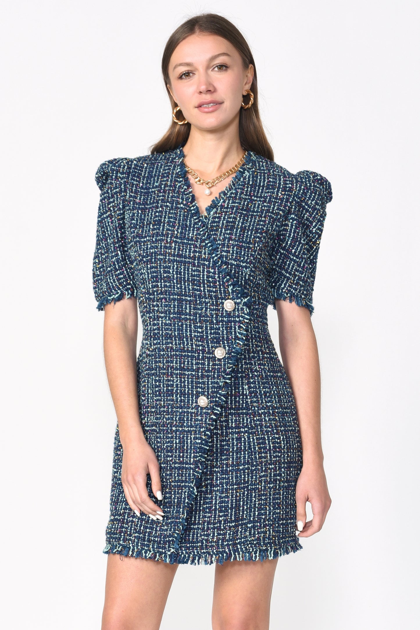 BETTY TAILORED TWEED DRESS - TEAL