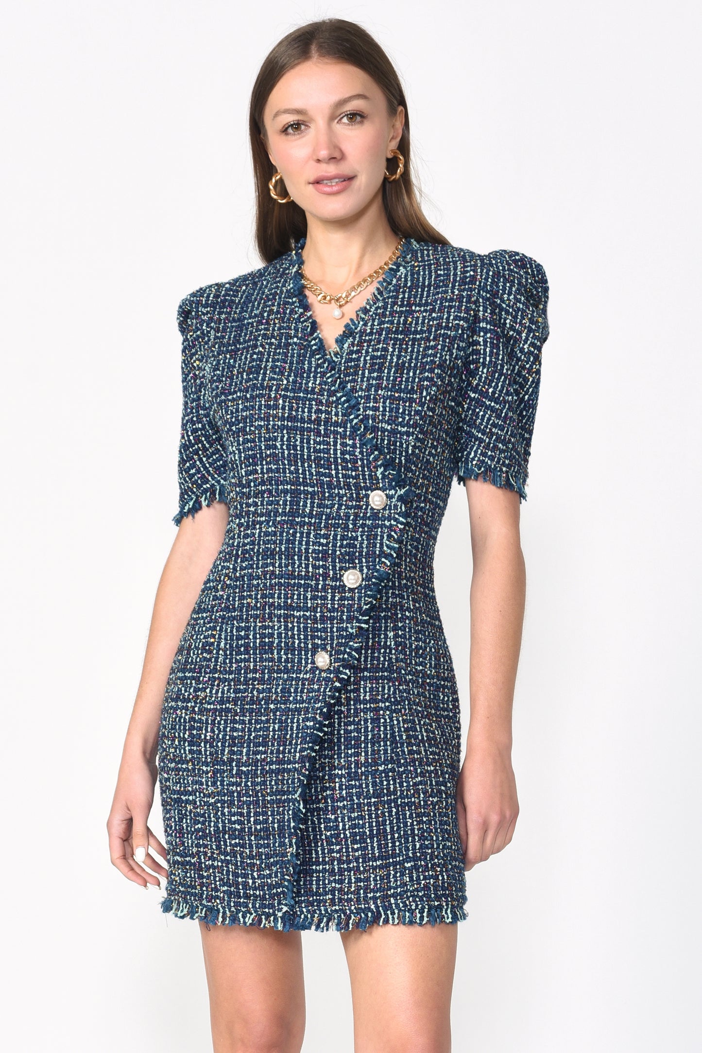 BETTY TAILORED TWEED DRESS - TEAL