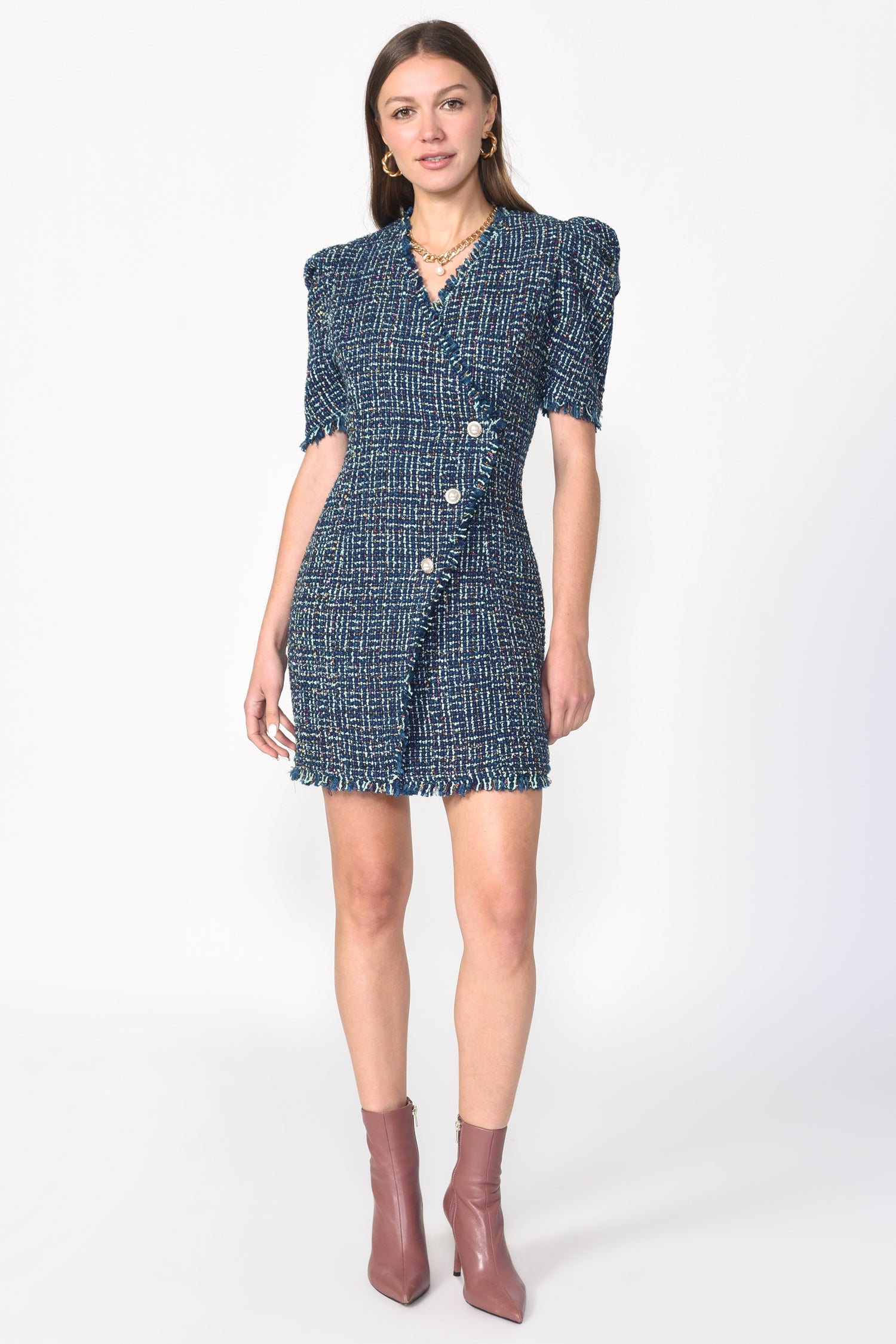 BETTY TAILORED TWEED DRESS - TEAL