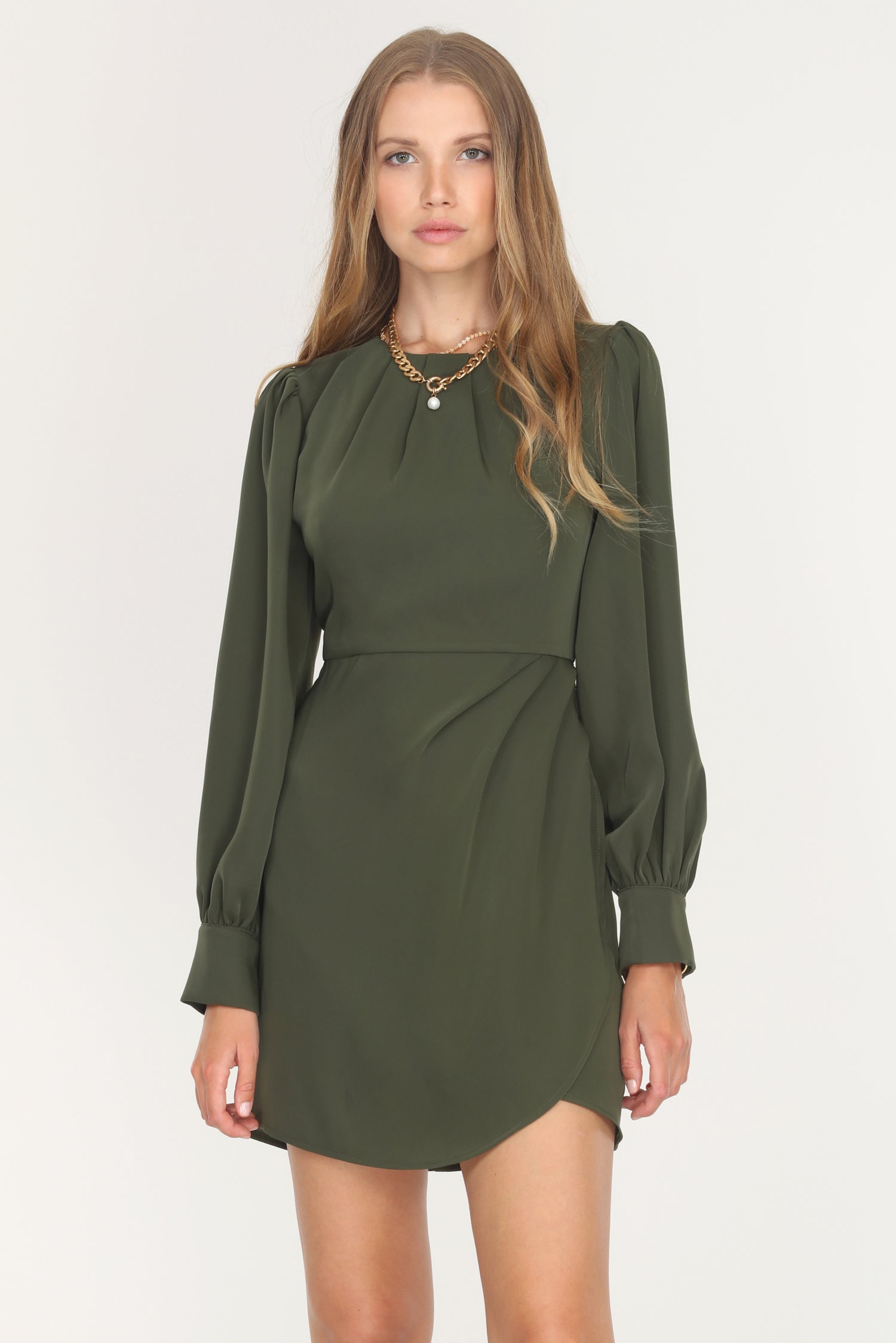 EDNA DRAPED FRONT MINI DRESS - OLIVE