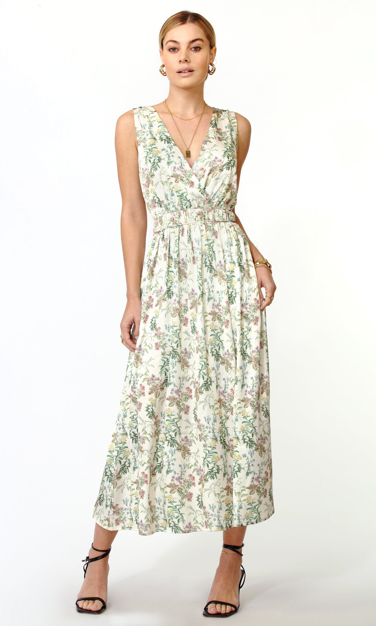 GENEVA GATHERED WAIST MIDI DRESS - IVORY MEADOW