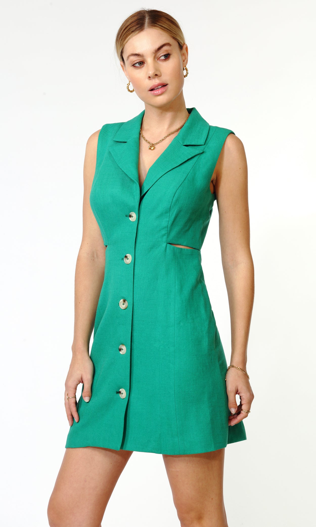 TRISH SLEEVELESS BACK CUTOUT BLAZER DRESS - GREEN OCEAN