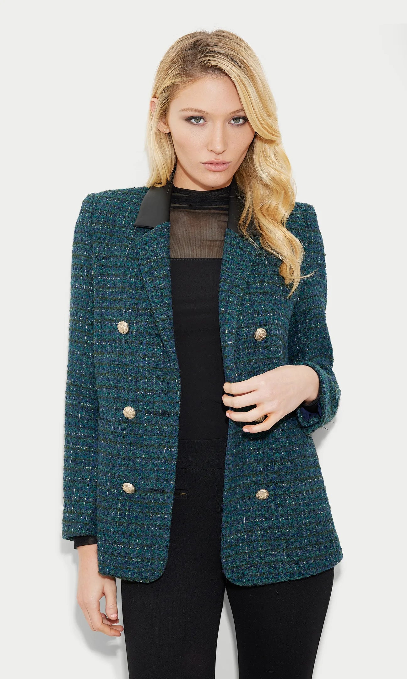 REECE VEGAN LEATHER COMBO TWEED BLAZER - HUNTER GREEN/BLACK