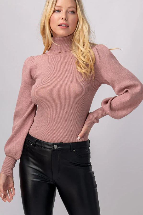 RIB KNIT PUFF SLEEVE TURTLENECK SWEATER - MAUVE