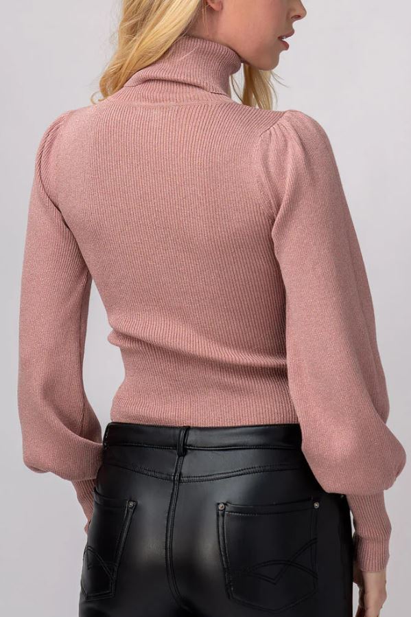 RIB KNIT PUFF SLEEVE TURTLENECK SWEATER - MAUVE