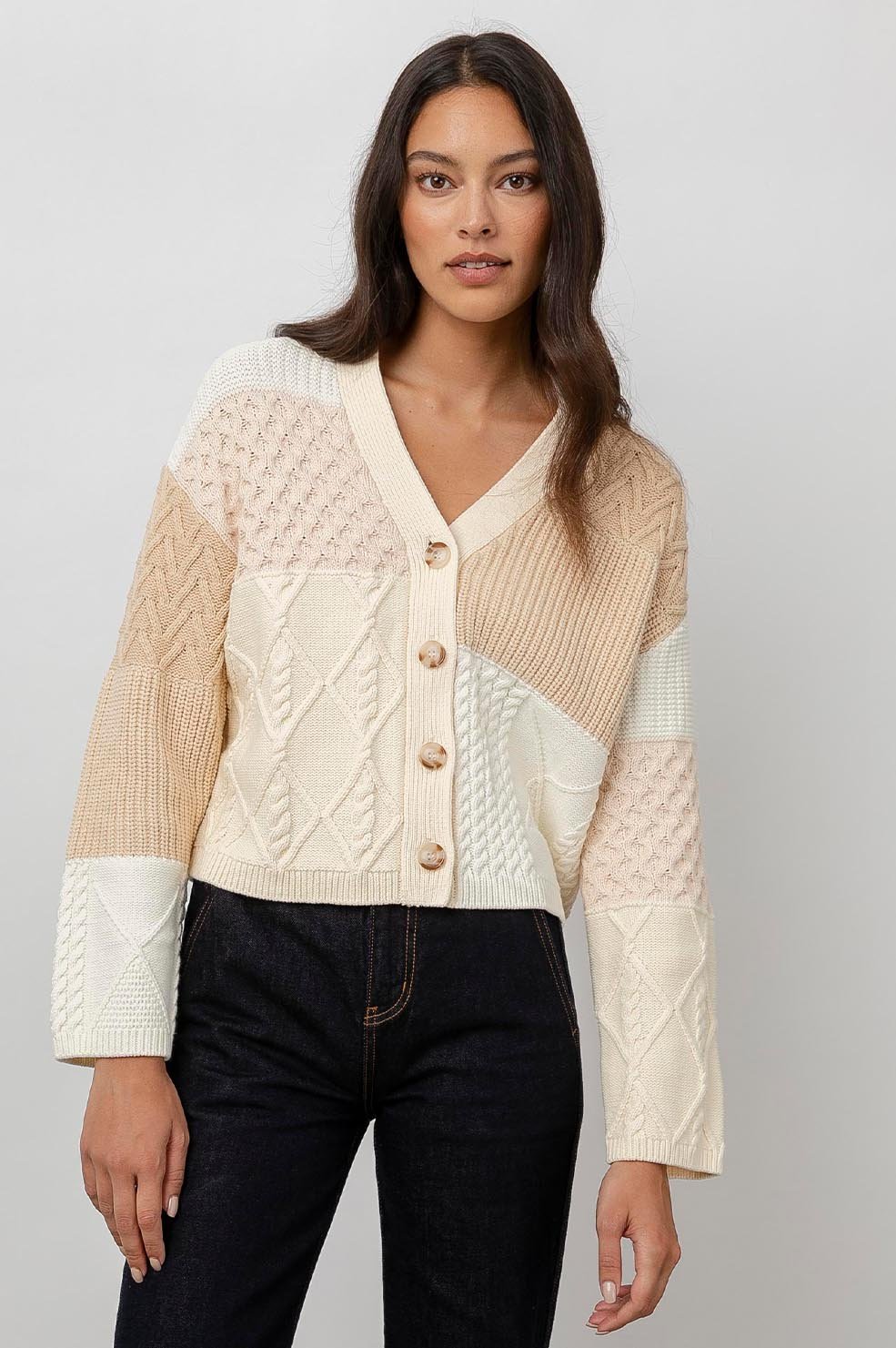 REESE CARDIGAN - CREAM PATCHWORK CABLE