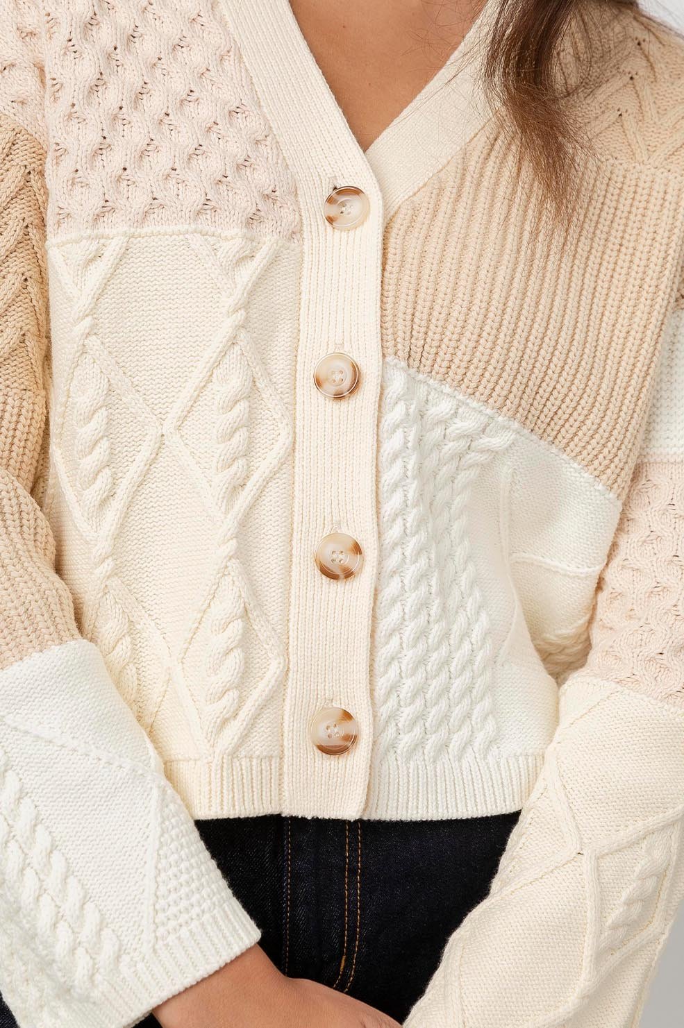 REESE CARDIGAN - CREAM PATCHWORK CABLE