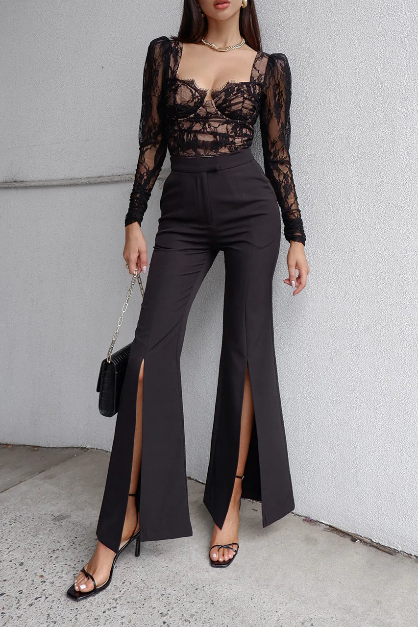 Cherry Red Sheer Lace High Waisted Flared Trousers