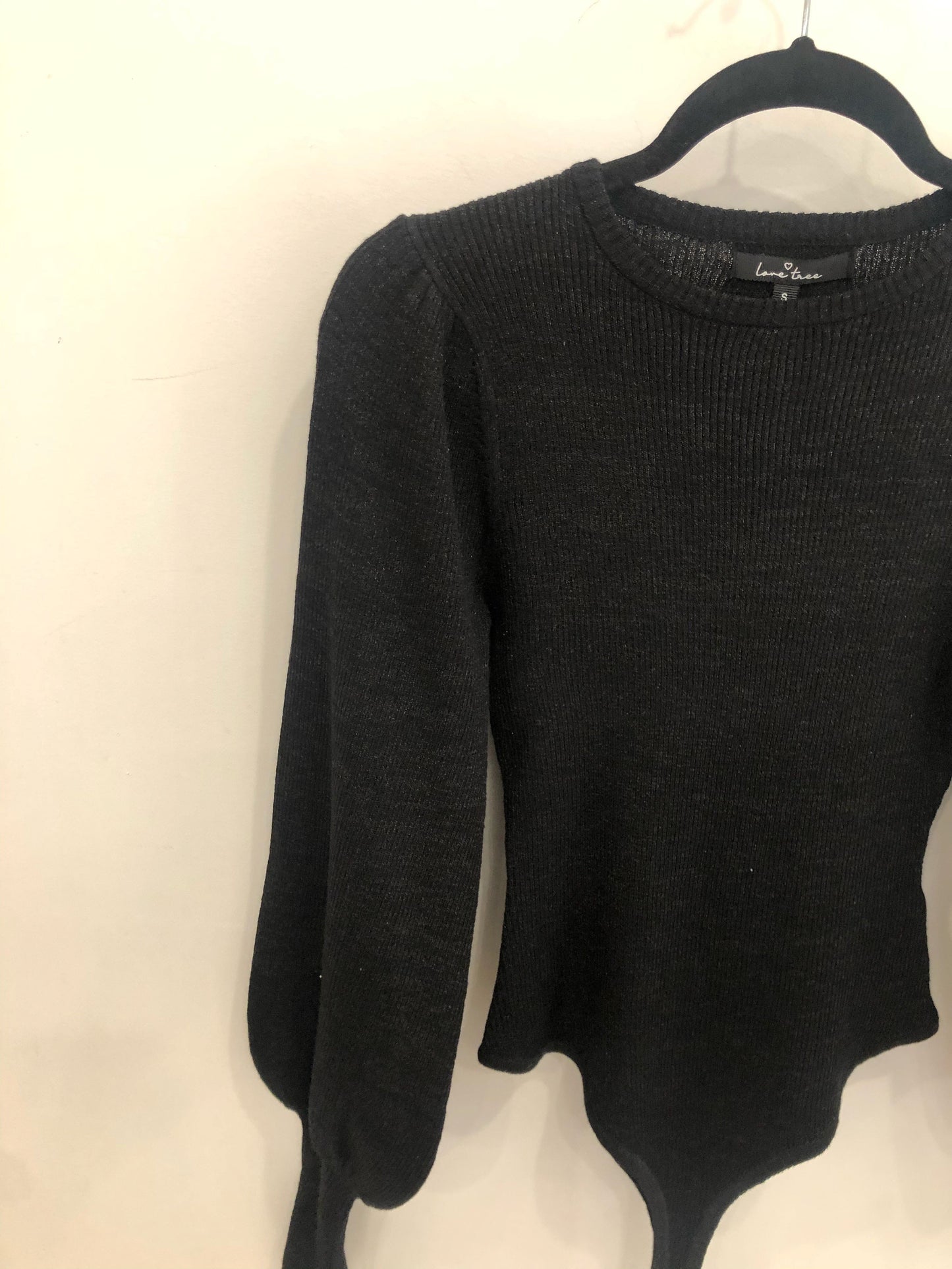 RIB KNIT PUFF SLEEVE BODYSUIT - BLACK